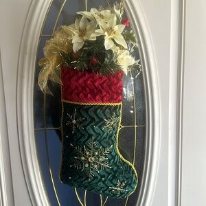 Festive Red and Green Holiday Stocking with Snowflake Design